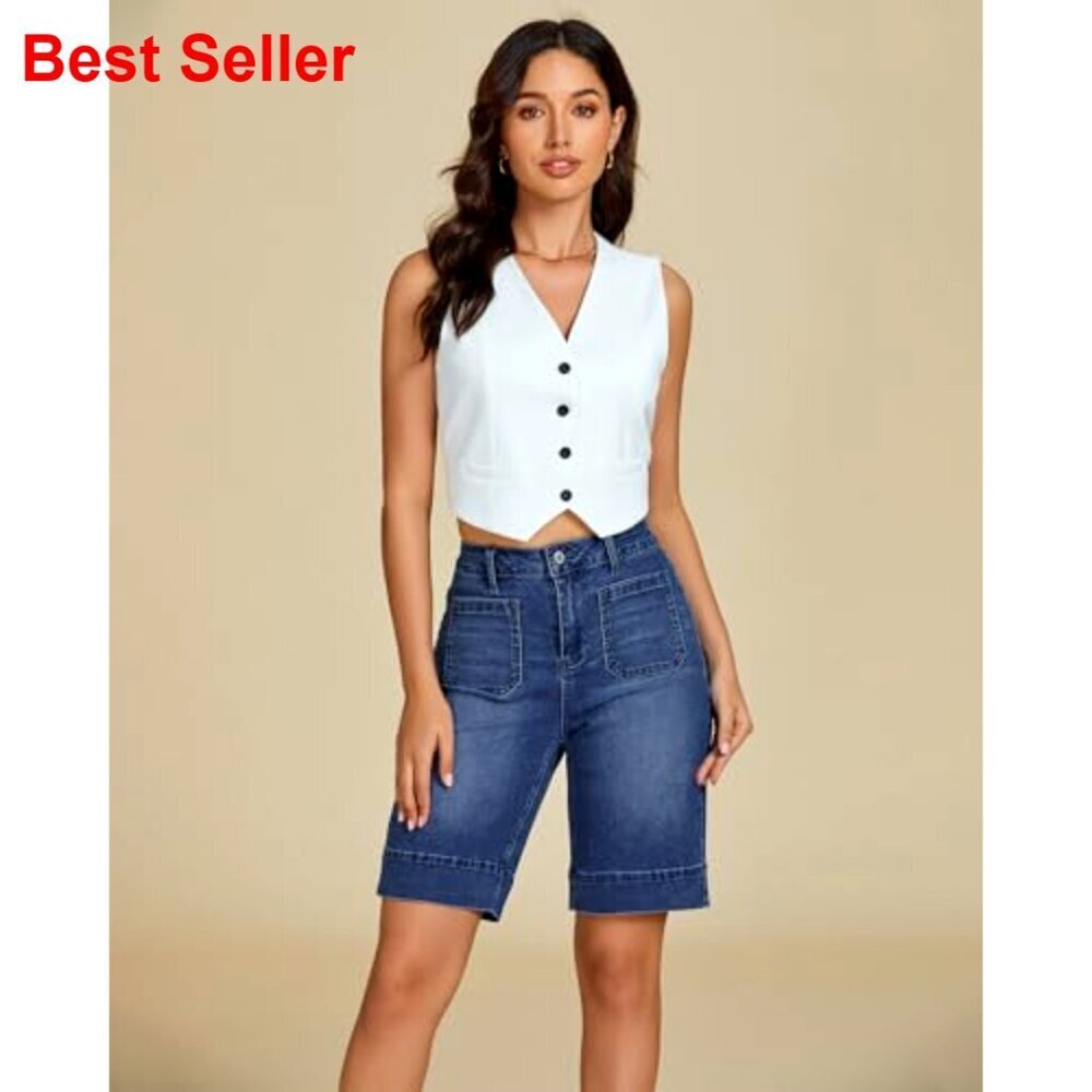 High Waisted Denim Bermuda Shorts with Patch Pockets, Stretchy Fabric - Picture 6 of 7
